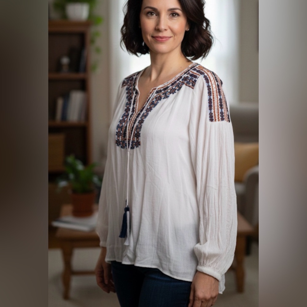 Soft Surroundings Tunic L Drawstring BOHO Embroidered Top Feminine Flirty lagen